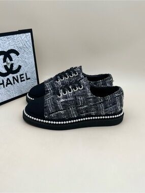 CHANEL Black & Silver Tweed Pearl-Trim Lace-Up Sneakers